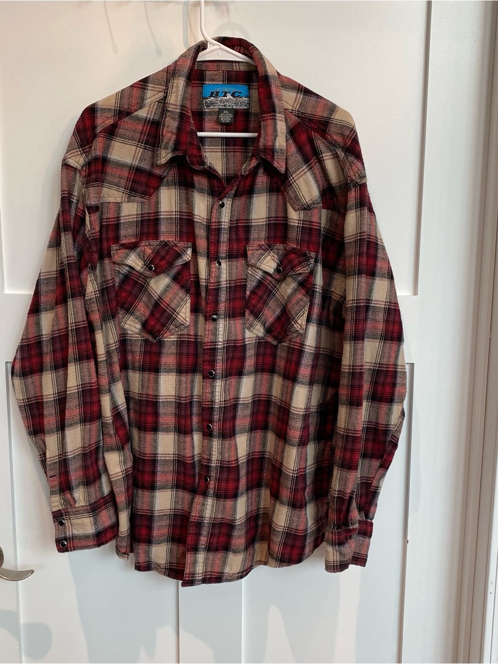 BTC Men's Western 2XL Red & Cream Plaid Shirt with /Snaps